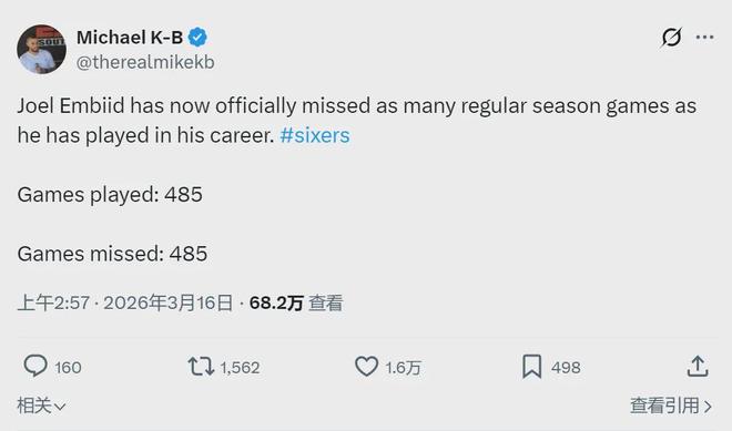 恩比德生日战缺席 76人险胜开拓者创生涯出勤率